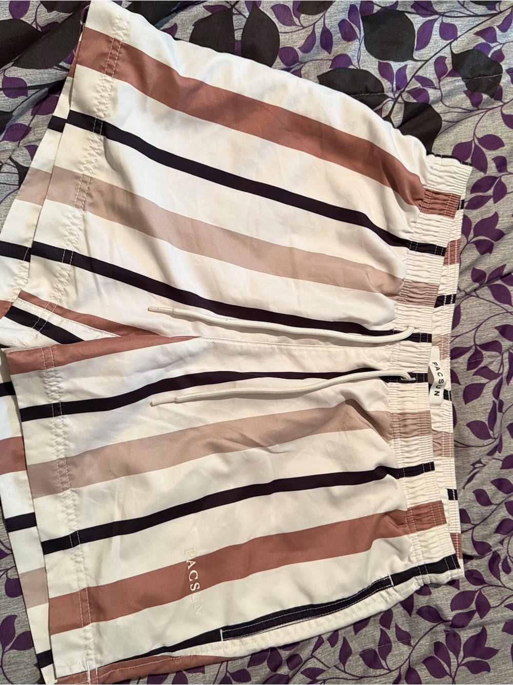 PacSun Men Striped Drawstring Shorts - White with Tan & Black Stripes